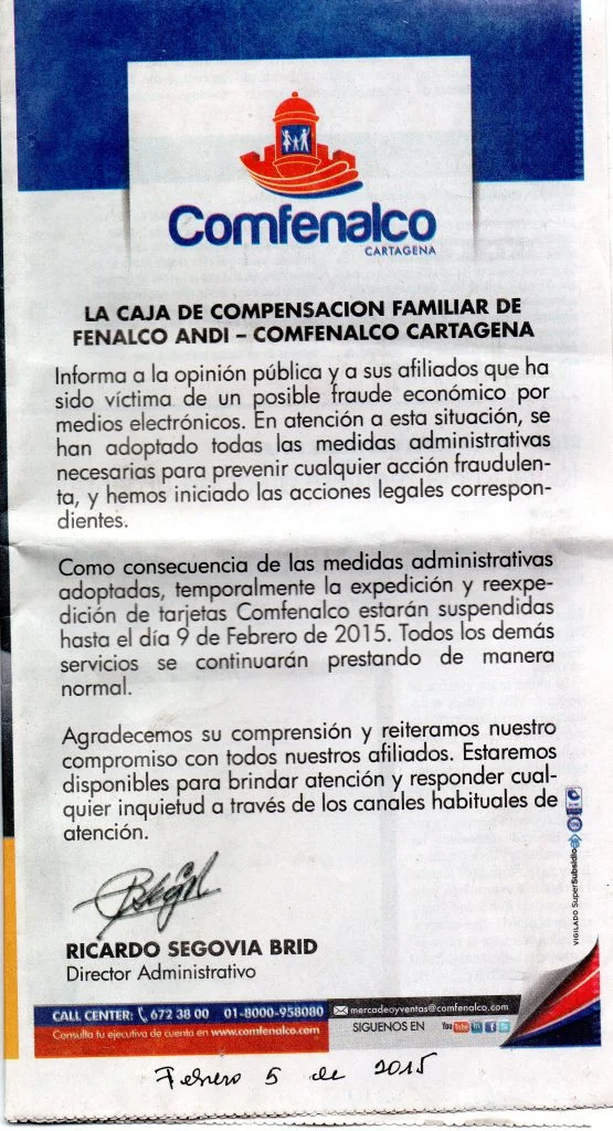 Este el Comunicado de Comfenalco - Cartagena, publicado en un medio local.