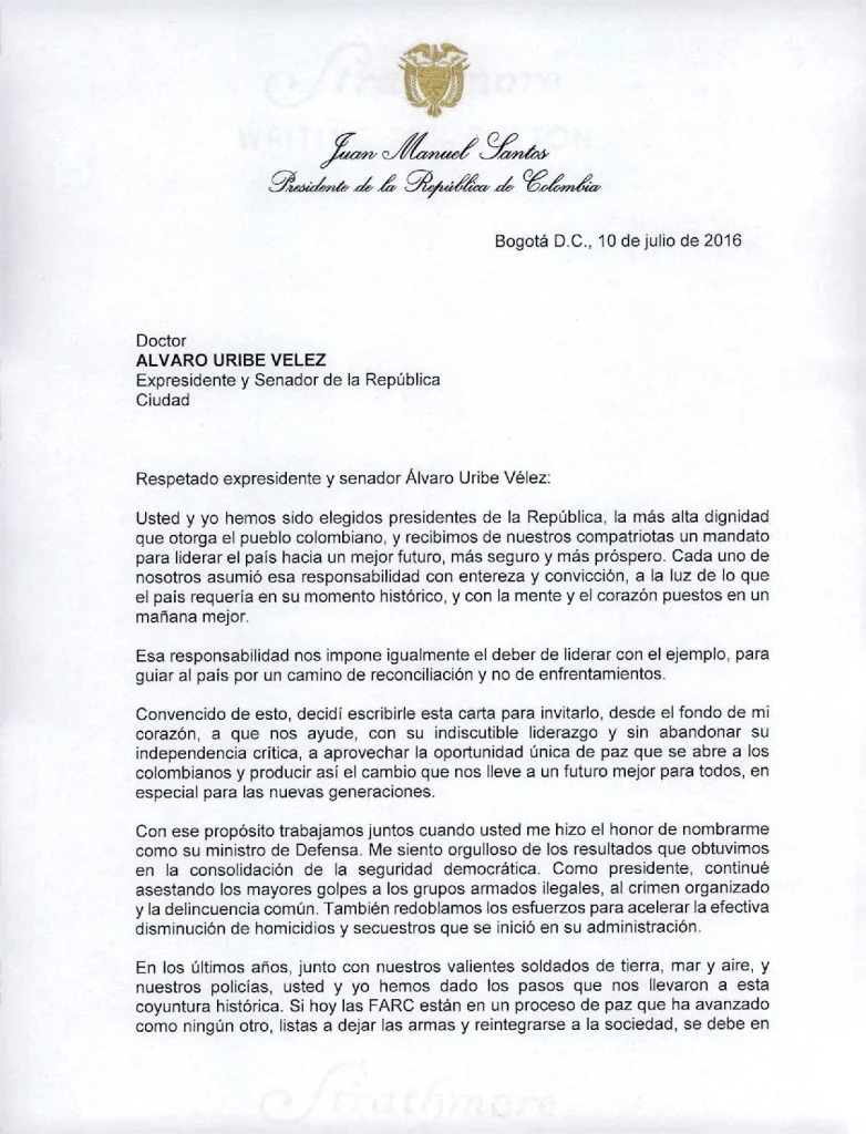 Carta de Santos a Uribe1
