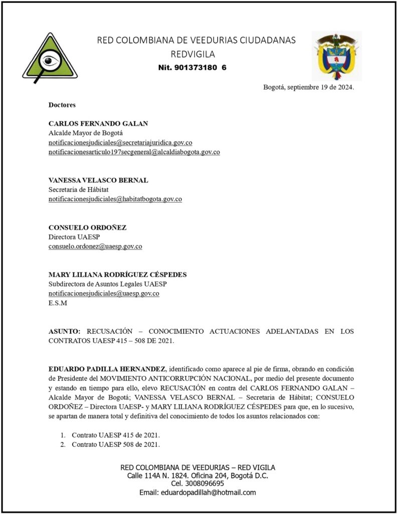 recusaciÓn – conocimiento actuaciones adelantadas en los contratos uaesp 415 – 508 de 2021. page 0001