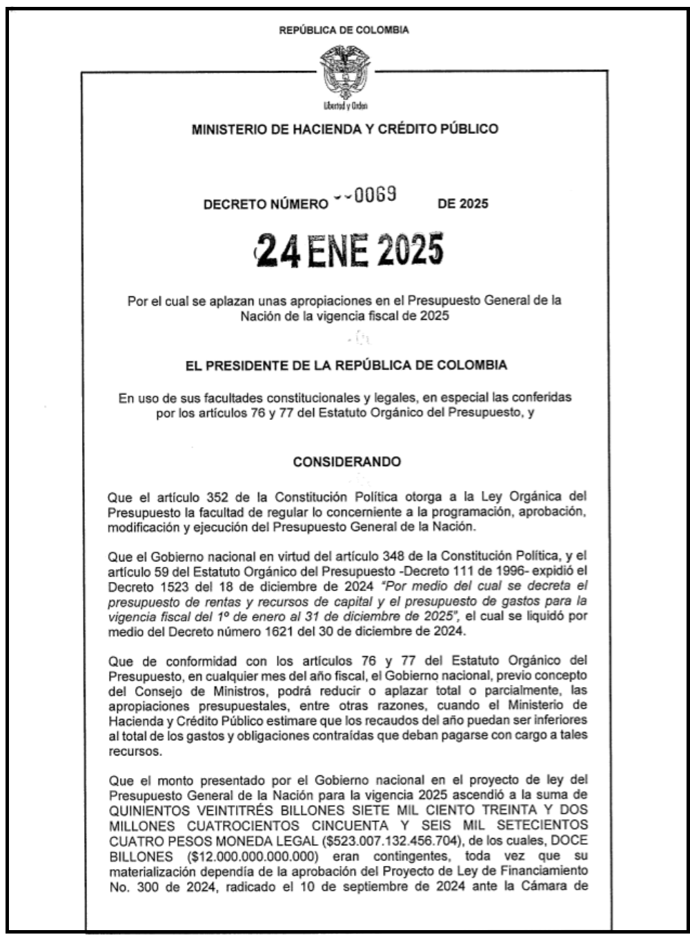 decreto 0069 del 24 de enero de 2025 recorte presupuestal