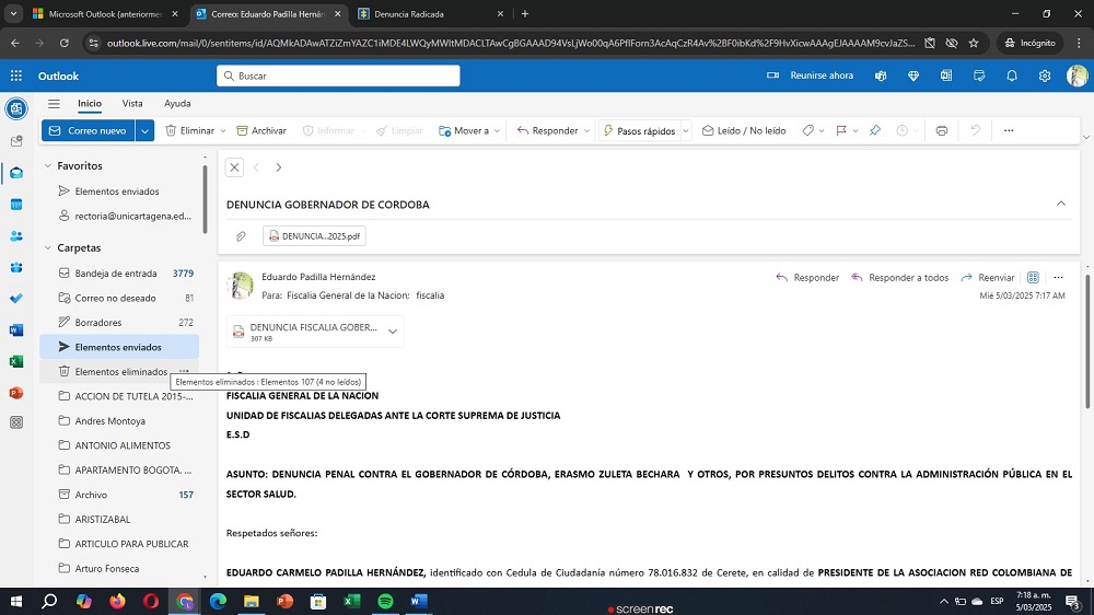 aceptacion de denuncia en fiscalia de eduardo padilla al gobernado cordoba marzo de 2025