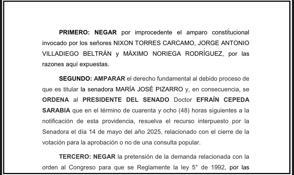 Juez ordena al Presidente del Senado, Efraín Cepeda, resolver el recurso de apelación de la senadora María J. Pizarro sobre Consulta Popular