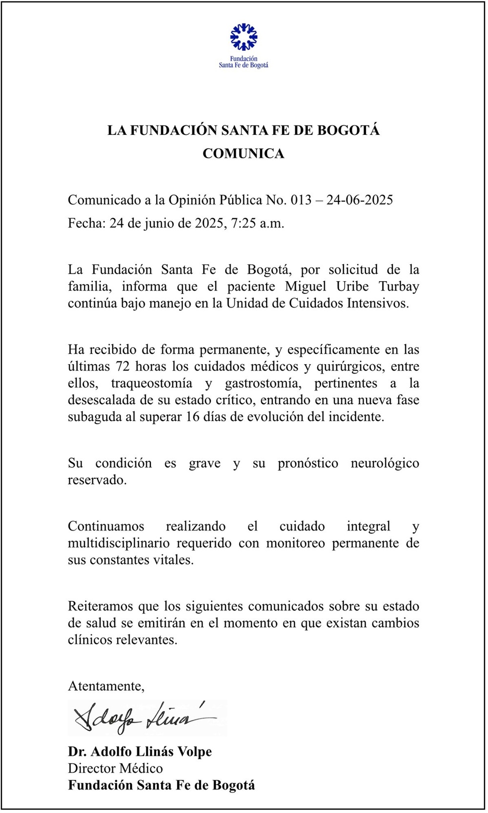 parte medico de miguel uribe 24 jun 2025