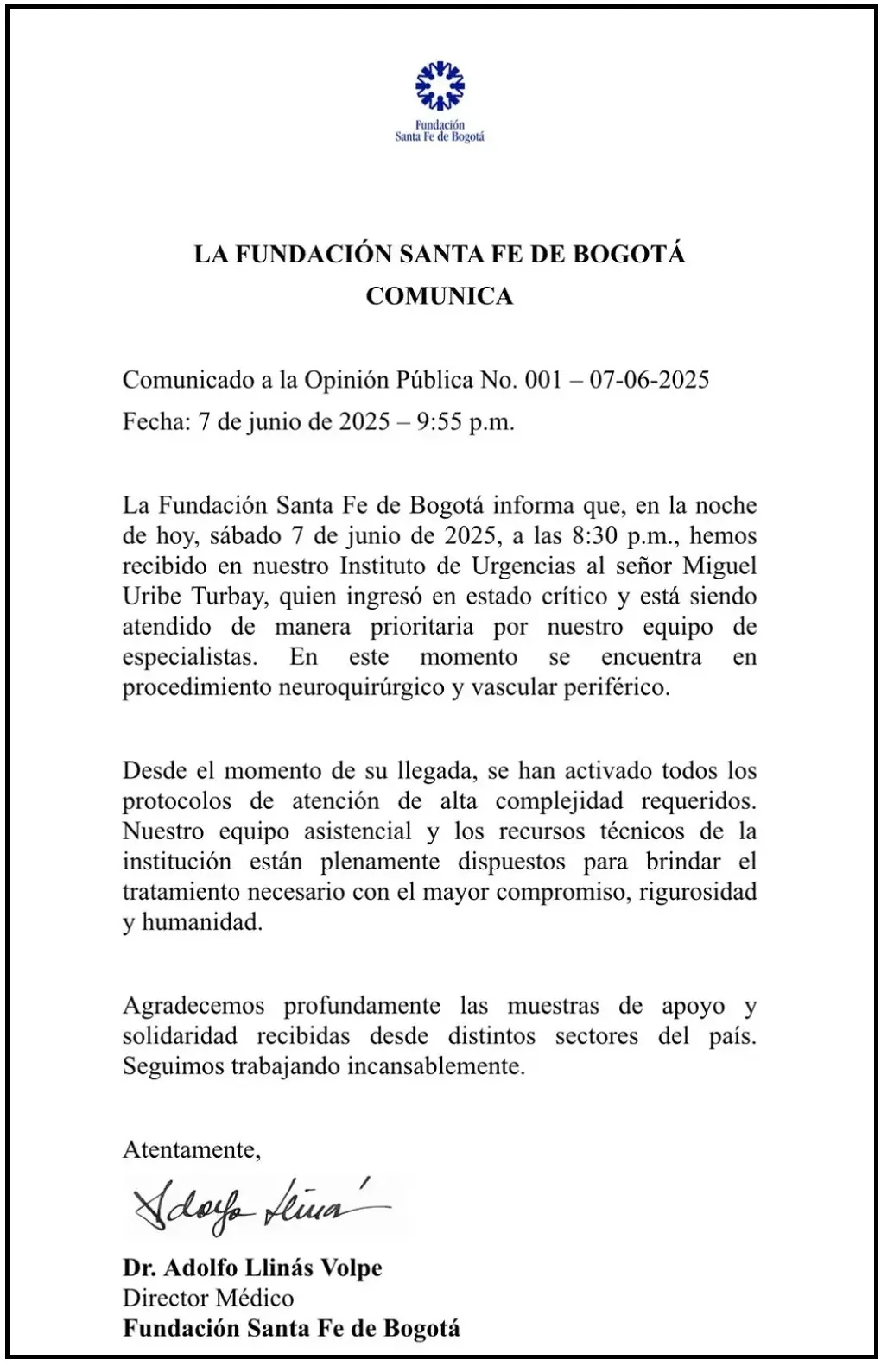 parte medico sobre miguel uribe