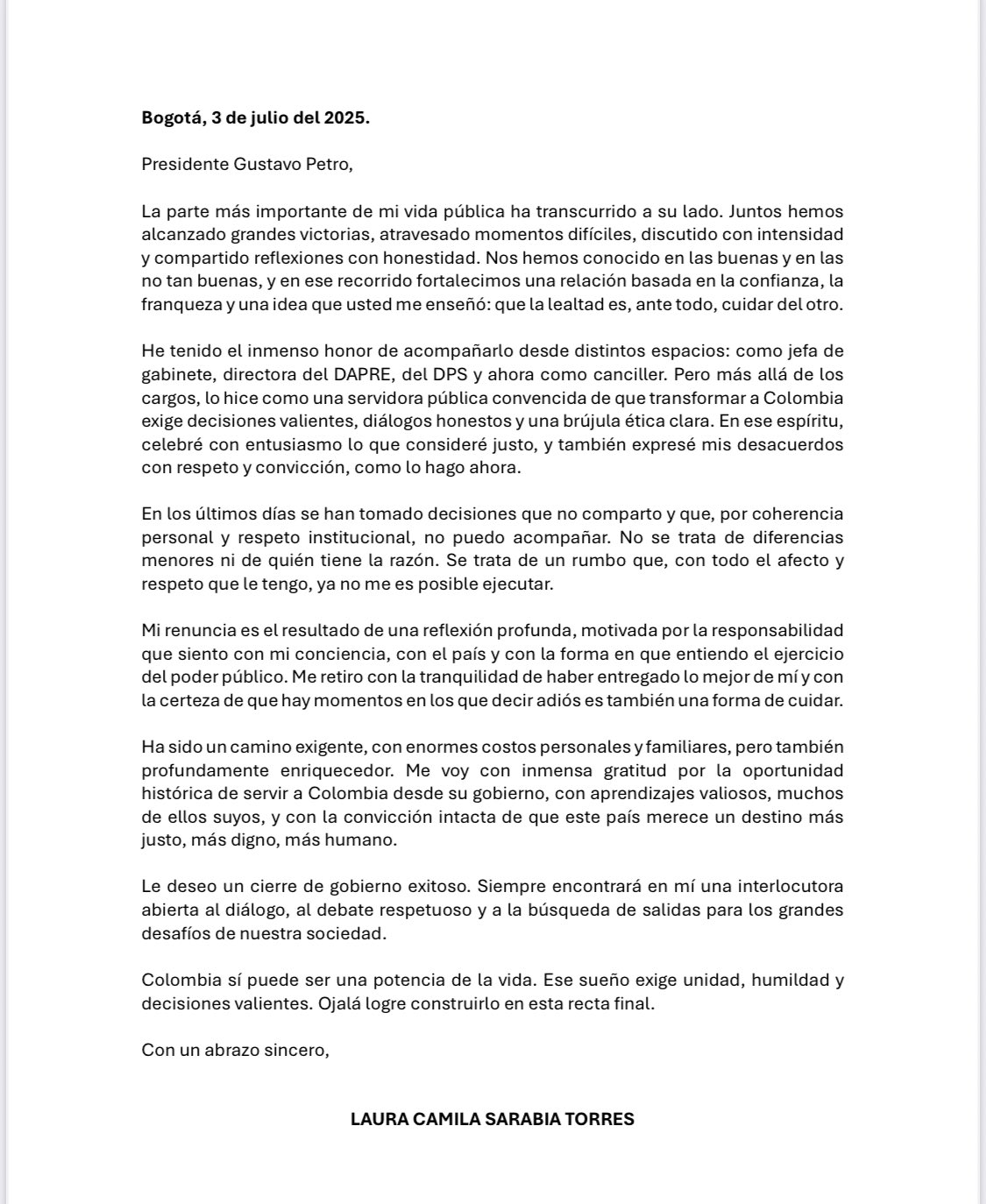 carta de renuncia de laura sarabia