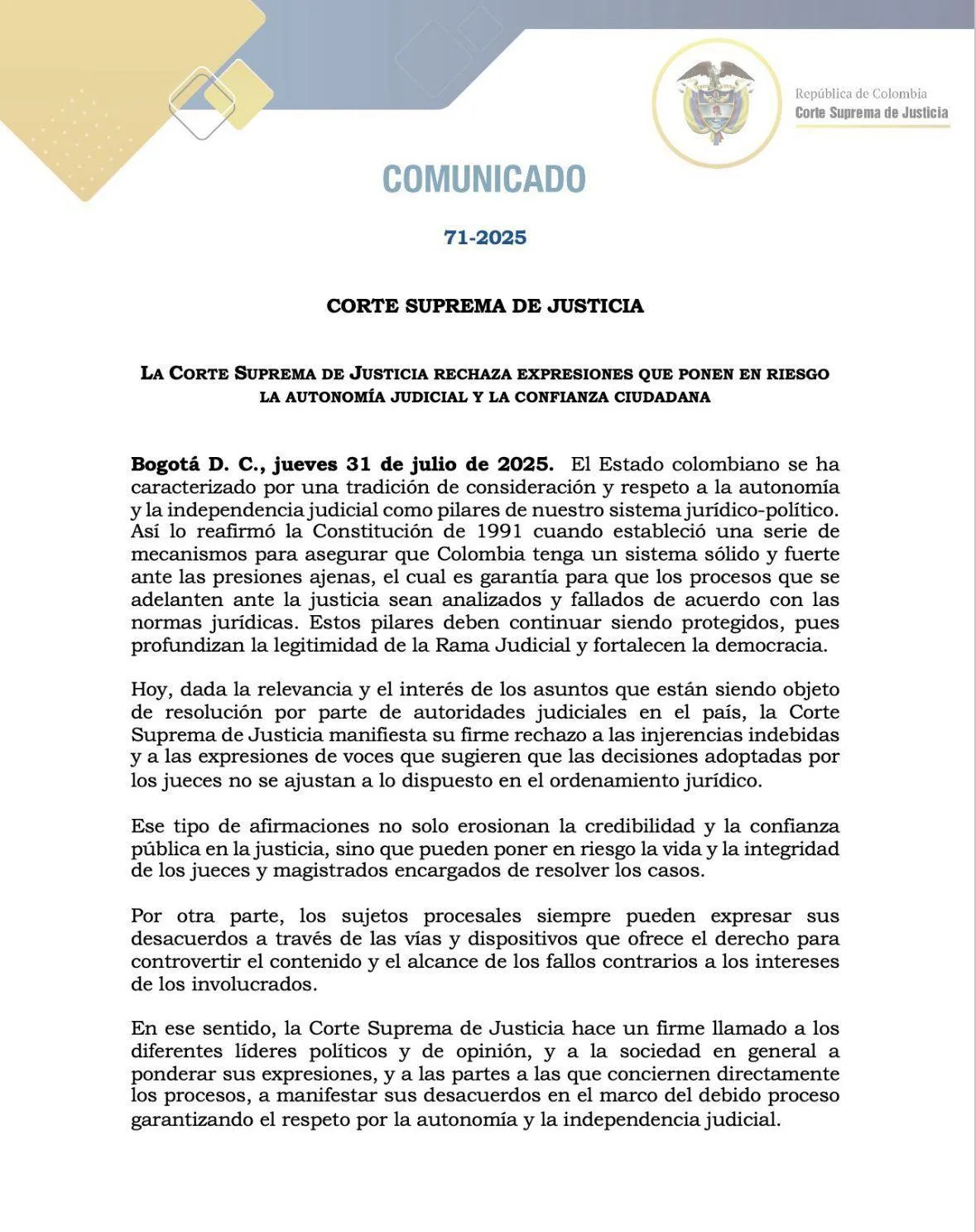 comunicado corte suprema sobre caso uribe