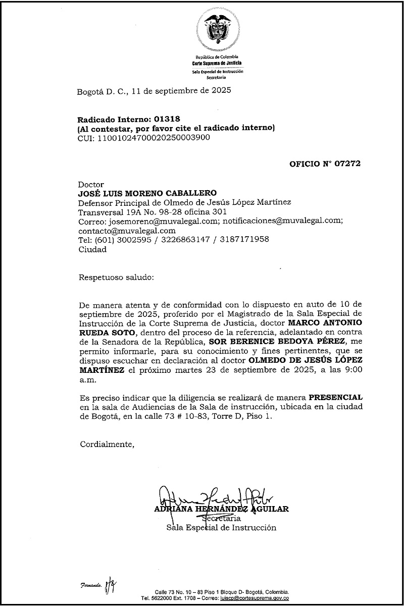 oficio de citacion 07272 de la corte suprema para olmedo lopez page 0001