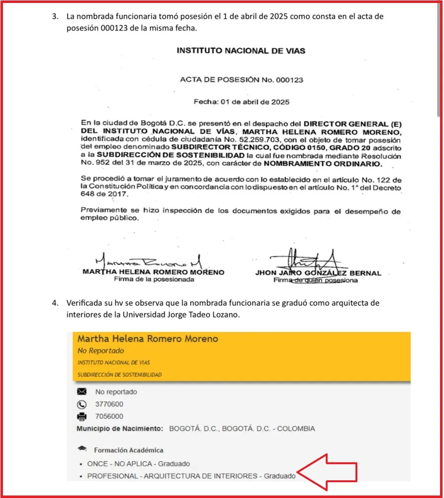 posesion de martha romero en invias