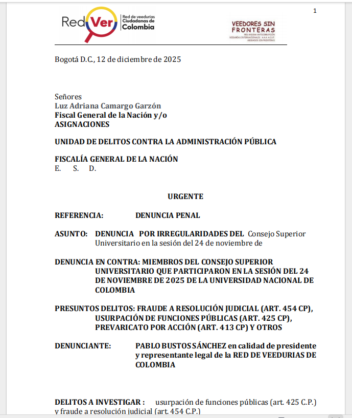 denuncia red de vedurias sobre u nacional