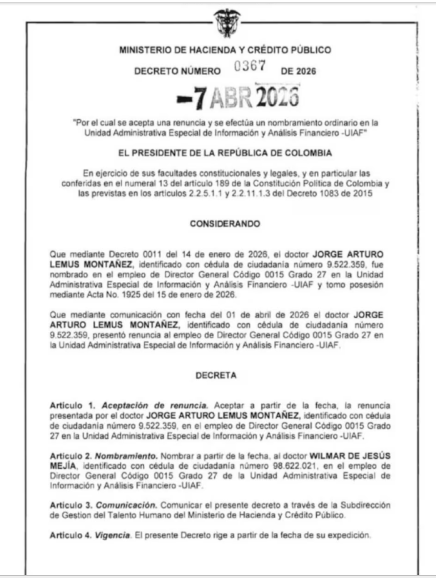 nombramiento de wilmer mejia