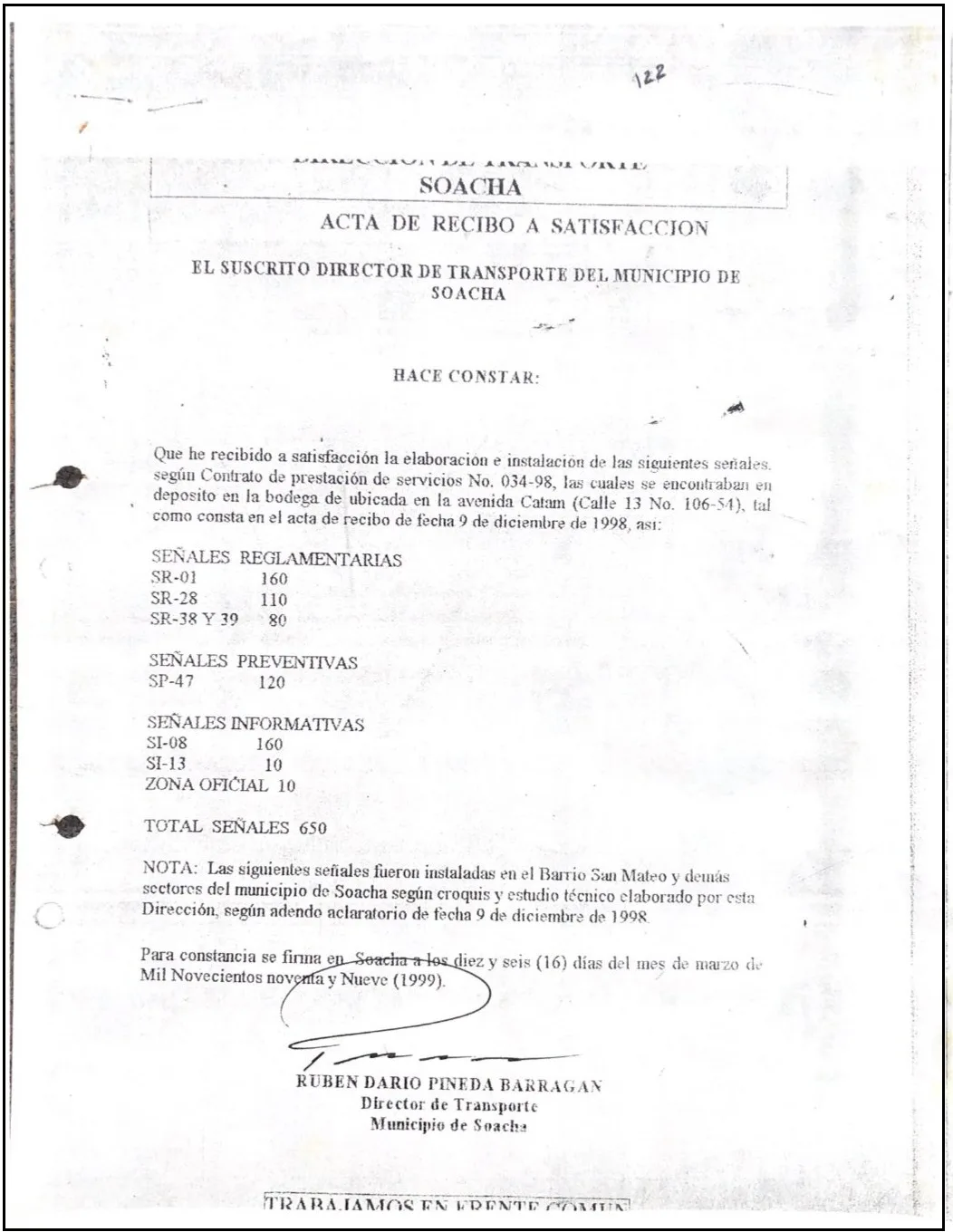 constancia de la alcaldia de soacha a favor de german calderon españa