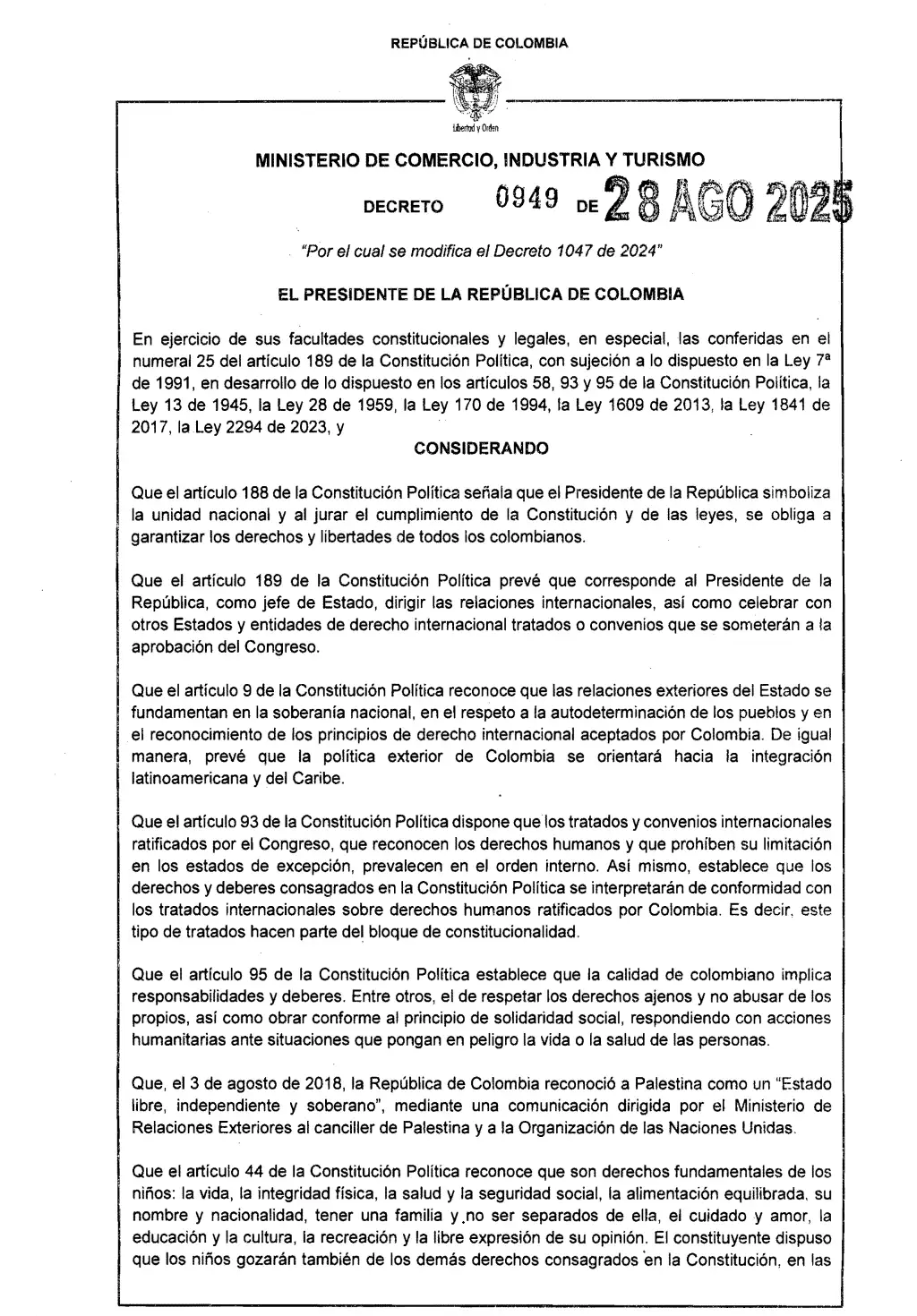 decreto 0949 del 28 de agosto de 2025