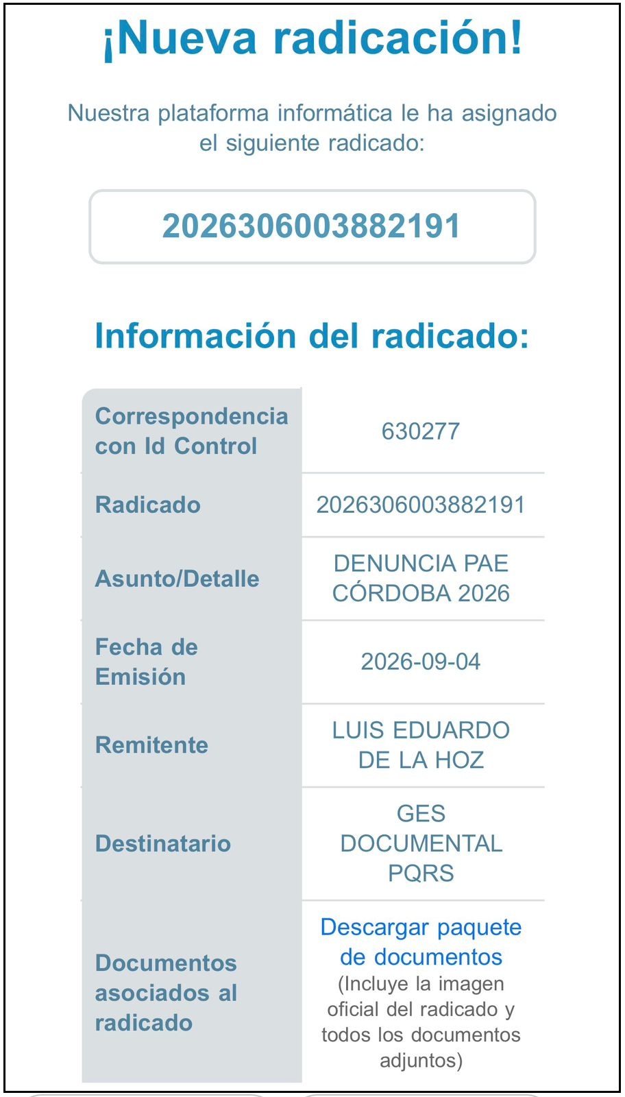 radicado de la denuncia de la veeduria de luis de la hoz por el pae de cordoba.pdf